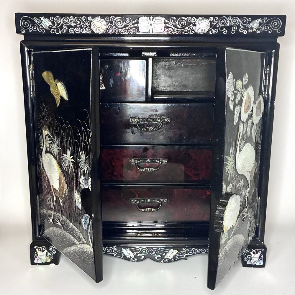 Vintage Chinese Mother of Pearl Inlay Jewelry Cabinet Lacquer Crane Box - Picture 9 of 16